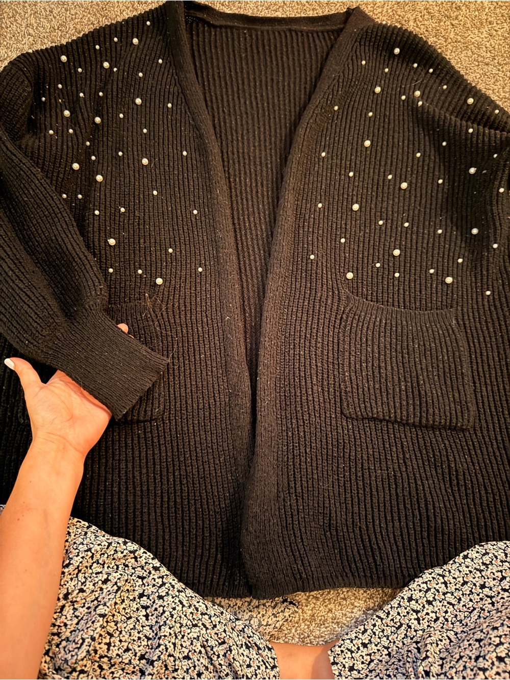 Black Pearl-Embellished Open Front Women's Cardigan